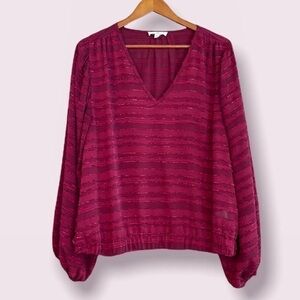 Entro Deep Red Balloon Sleeve V Neck Blouse